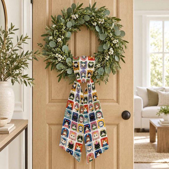 Cute Cat Patchwork Wreath Sash for Front Door, Decorative Ribbon Sash for Wreaths, Funny Cats Playful Whimsical Pet Garland Ribbon Accessories for Christmas Thanksgiving Holiday Doorway Decor