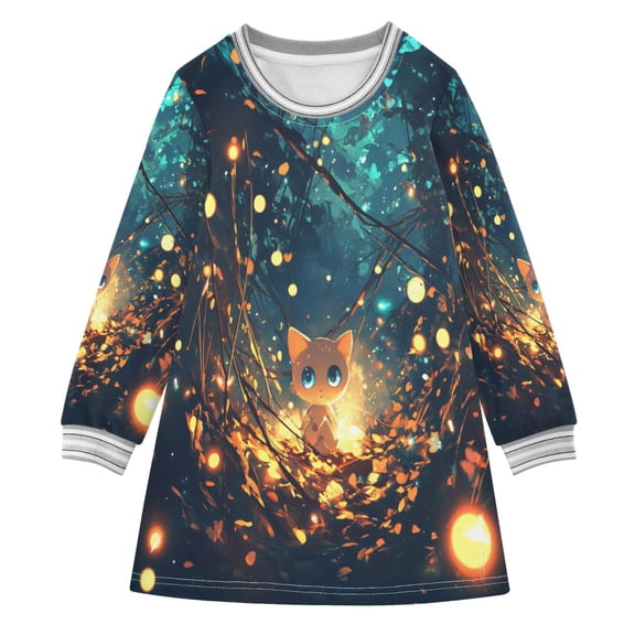 Cute Cat Pattern Girls'long-sleeved dress Thickened A-dress Warm Dress Basic Shirt Party Dresses