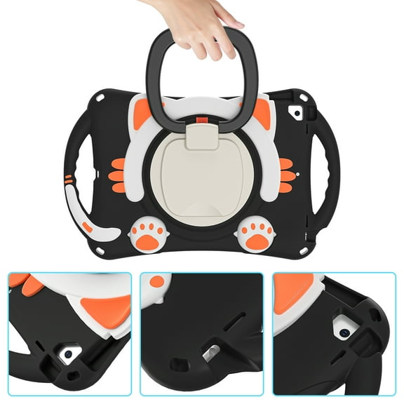 [Cute Cat Pattern] Handle Case for Apple iPad 10.2-Inch (9th/8th/7th Generation) Tablet & Apple 10.5-inch iPad Pro & Apple 10.5-inch iPad Air (3rd generation), Shockproof Cover for Kids (Black Orange)