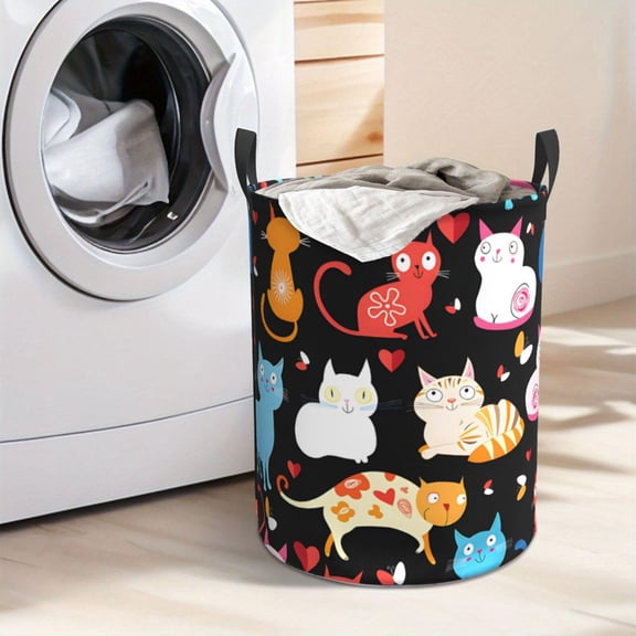 Cute Cat Pattern Laundry Hamper Portable Storage Hamper with Sturdy Handle, Oxford Cloth, Easy to Store and Collapsible Design, Laundry Baskets