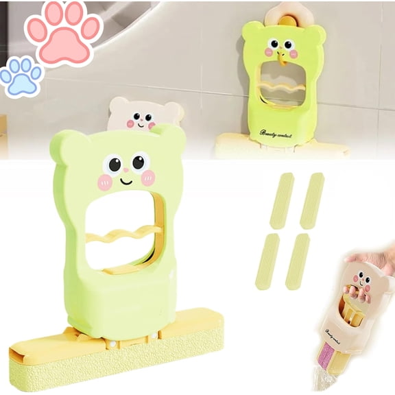 Cute Cat Pattern Mini Handheld Mop, Mini Foldable Desktop Mop, Portable Self-Squeeze Desk & Wall Cleaner, Wet and Dry Use Cleaning System with Replaceable Head for Bathroom, Kitchen(Green+4Head)