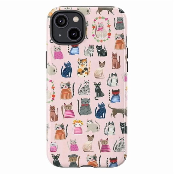 Cute Cat Pattern Phone Case, Pastel Pink Kitty Illustration Cover for iPhone 17 16 15 14 13 12 11 Pro Max Plus Mini
