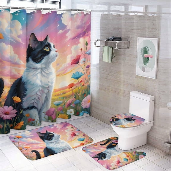 Cute Cat Pattern Shower Curtain Set, 4-Piece Bathroom Accessories with 72" x 72" Shower Curtain, Toilet Cover Mat, U-Shaped Mat, and Non-Slip Floor Mat