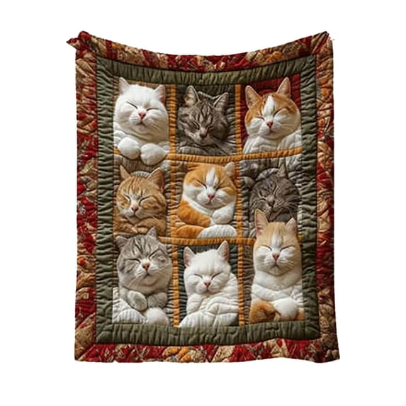 Cute Cat Pattern Throws Soft Bohemian Style Cat Blanket Retro Embroidered Throw Blankets Polyester Colored Animal Plaid Blanket for Sofa Bed 27.6"X39.4" 39.4"X59.1" 59.1"X78.7"