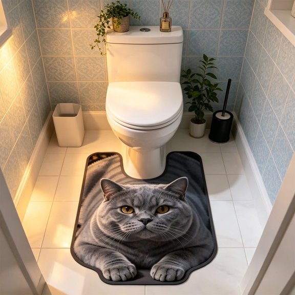 Cute Cat Pattern U-Shaped Toilet Mat, Diatomaceous Earth Absorbent Non-Slip Bath Rug, Quick Dry Soft Floor Mat for Toilet, Bathroom, Entryway and Home Washroom Decoration, 20*16in, Dark Gray