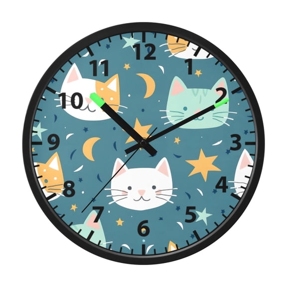 Cute Cat Pattern Wall Clock 12 Inch Voice Activated Night Light Silent Non Ticking