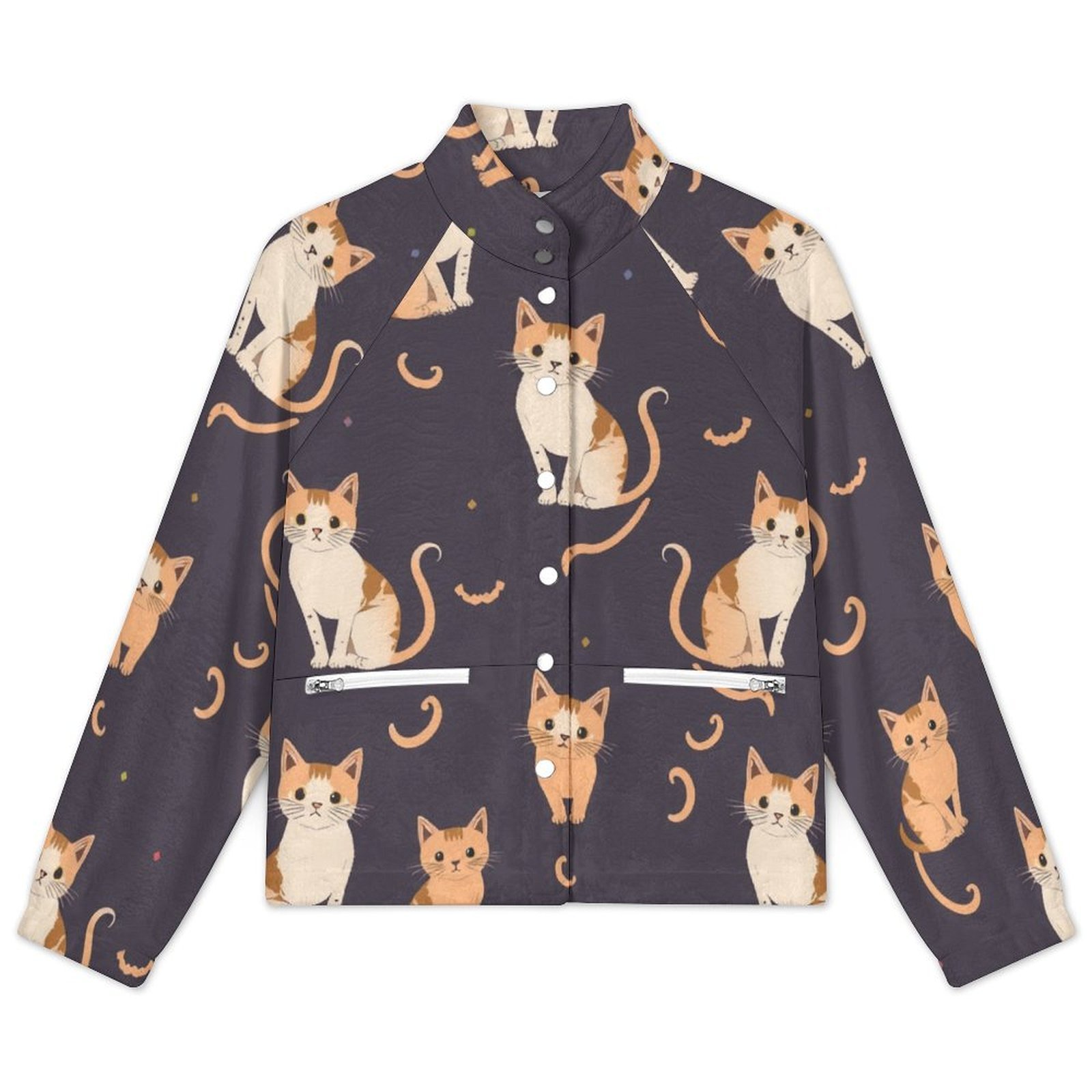 Cute Cat Pattern Warm Women's Plush Jacket Stand Collar Full Sleeve ...