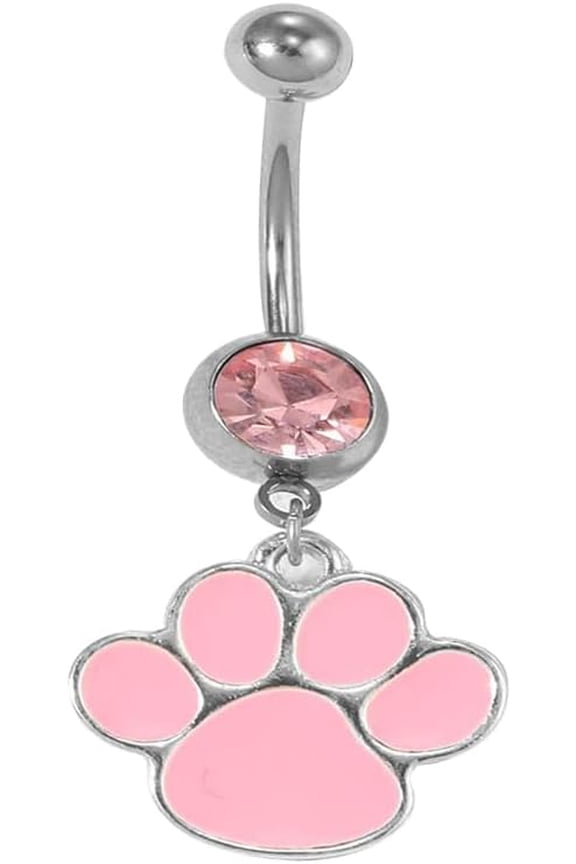 Cute Cat Paw Belly Button Rings for Women Surgical Stainless Steel 14G Belly Body Piercing Jewelry Threaded Navel Ring Pink Cubic Zirconia Barbs Dainty Dangly Dangling Navel Barbell Crystal Jewelry