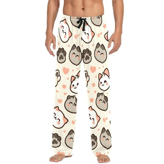Cute Cat Paw Footprints Heart Men's Pajama Pants Cotton Long Sleepwear Lounge Pants L