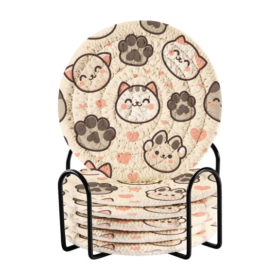 Cute Cat Paw Footprints Pattern Coasters for Drinks Set of 6 with Holder Handmade Woven Rope Absorbent Heat Resistant 4 Inch