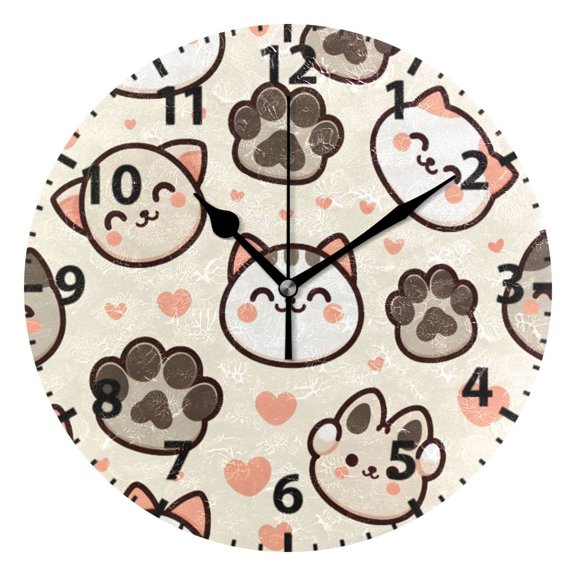 Cute Cat Paw Footprints Pattern Wall Clock 10in Round Artistic Oil Painting Home Decor Desk Table Clock