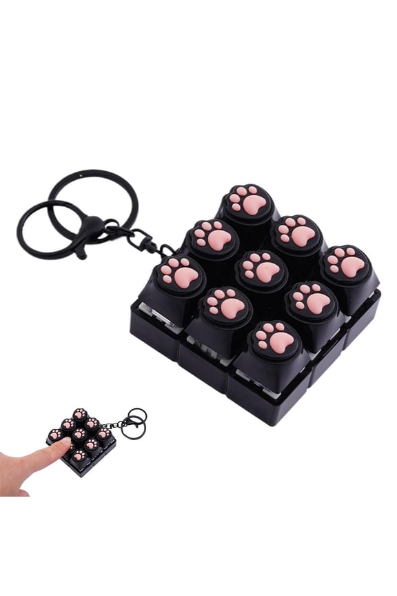 Cute Cat Paw Keyboard Fidget Toy, 9-in-1 Stress Relief Clicker Toy with Keychain, Mini Decompression Button Fidgets for Adults & Kids
