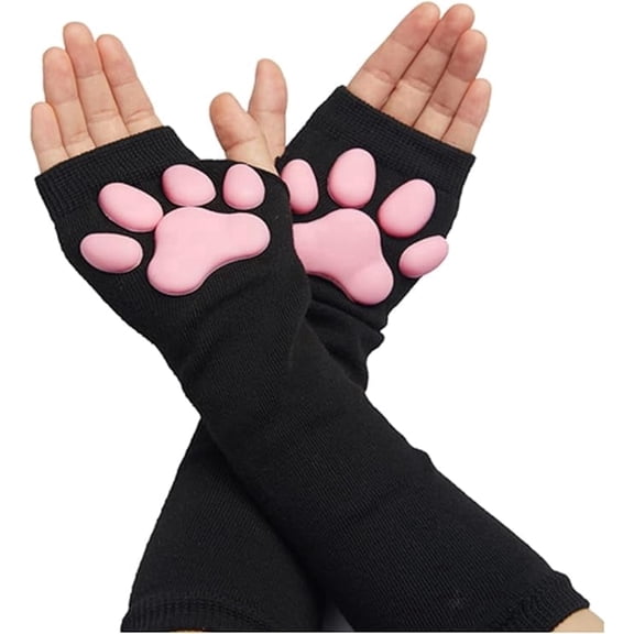 Cute Cat Paw Mittens Gloves, Kawaii Cat Cosplay Kawaii Soft 3D Toes Beans Fingerless Cat Claw Paws Pad Sleeve(Black Long Gloves)