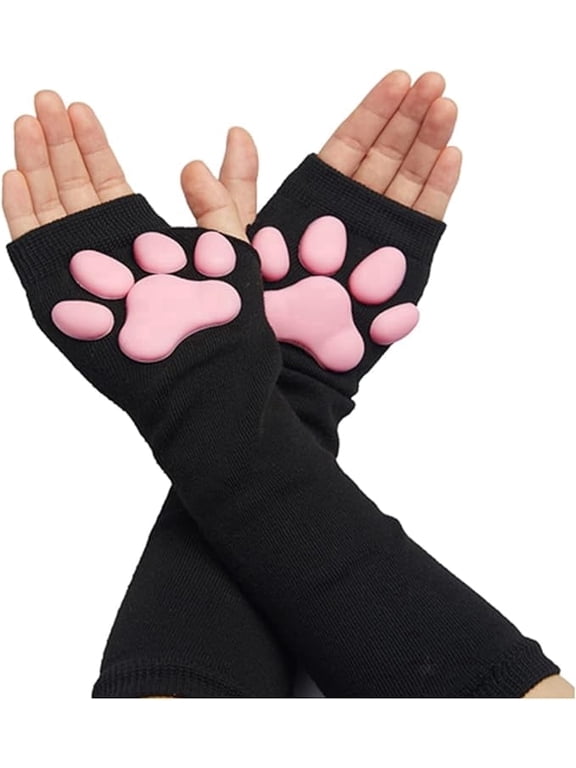 Cute Cat Paw Mittens Gloves, Kawaii Cat Cosplay Kawaii Soft 3D Toes Beans Fingerless Cat Claw Paws Pad Sleeve(Black Long Gloves)