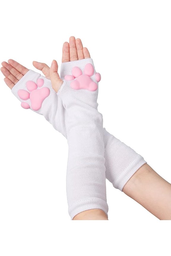 Cute Cat Paw Mittens Gloves, Kawaii Cat Cosplay Kawaii Soft 3D Toes Beans Fingerless Cat Claw Paws Pad Sleeve(White Long Gloves)