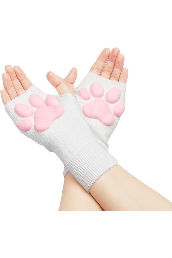 Cute Cat Paw Mittens Gloves, Kawaii Cat Cosplay Kawaii Soft 3D Toes Beans Fingerless Cat Claw Paws Pad Sleeve(White Short Gloves)
