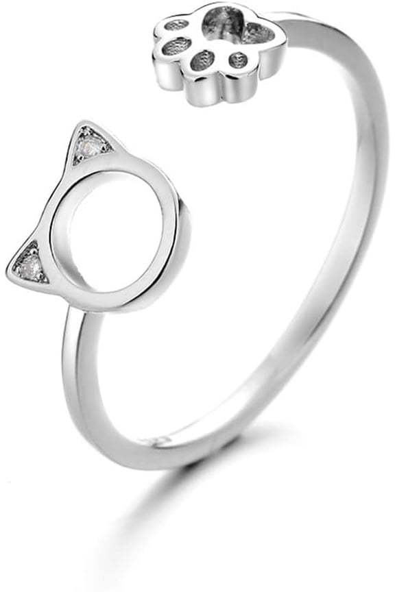 Cute Cat Paw Open Ring for Women Funny Kitten Animal Print Stacking Wrap Finger Minimalist Polished Silver Statement Rings Tiny Band Dainty Eternity Friendship Jewelry Daughter Pet Lovers