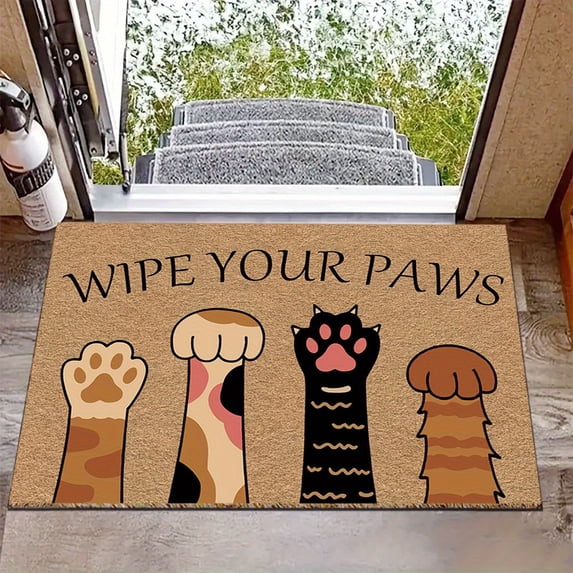 Cute Cat Paw Print Doormat, Washable Coconut Coir & Flannel, 'Wipe Your ...