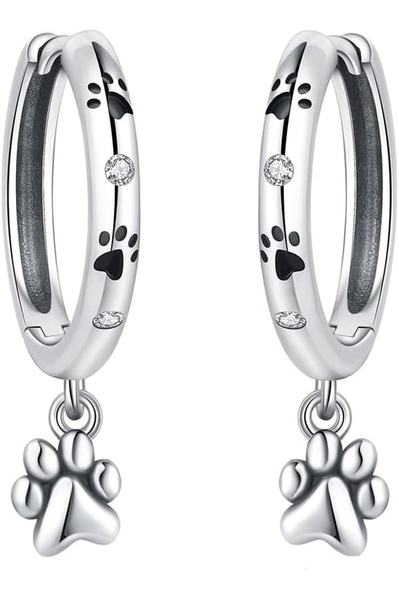 Cute Cat Paw Print Huggie Hoop Earrings for Women Dainty Sterling Silver Plated Charm Earring with CZ Delicate Cartilage Cuff Drop Dangle Jewelry for Pet Lovers Valentine Fashion Accessories