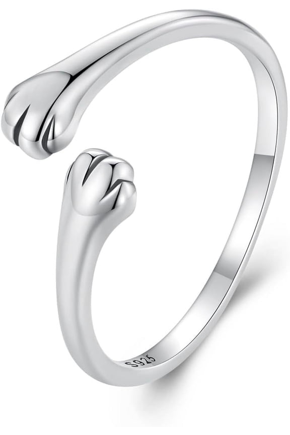 Cute Cat Paw Print Stacking Wrap Finger Ring 925 Sterling Silver Dog Puppy Kitten Animal Pet Adjustable Open Statement Rings Knuckle Thin Bands Dainty Eternity Jewelry Gifts for Women Daughter