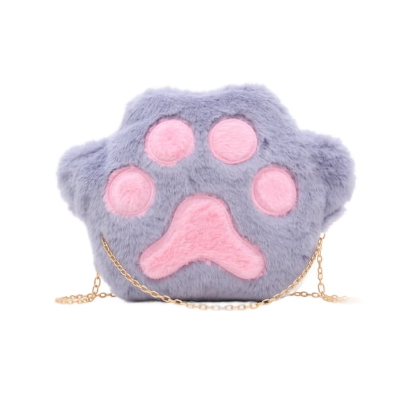 Cute Cat Paw Shape Crossbody Handbag Plush Shoulder Bag Purse with Chain Strap,Gray