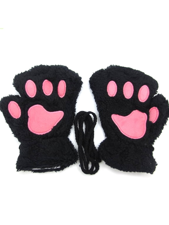 Cute Cat Paw Shaped Fuzzy Plush Gloves, Creative Valentine's Day Gift, 1 Pair, Black