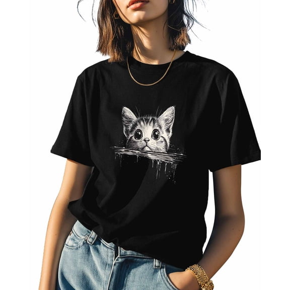 Cute Cat Peeping Womens Tshirt Graphic Tees Cotton Crew Neck T-Shirts, Casual Short Sleeve Shirts for Women Teen Girl Gray Animal