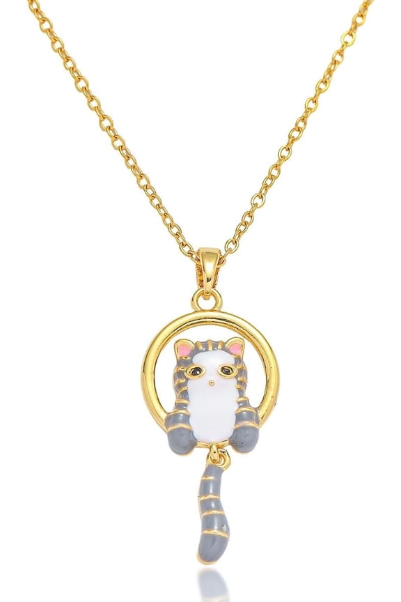Cute Cat Pendant Necklace for Women - Stainless Steel Lovely Enamel Kitten Pet Chain Link Necklaces Adjustable Chic Birthday Christmas Jewelry for Animal Lover
