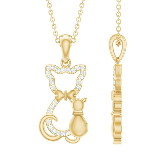 Rosec Jewels Cute Cat Pendant Necklace with Certified Diamond for Women (HI-SI Quality), 14K Yellow Gold