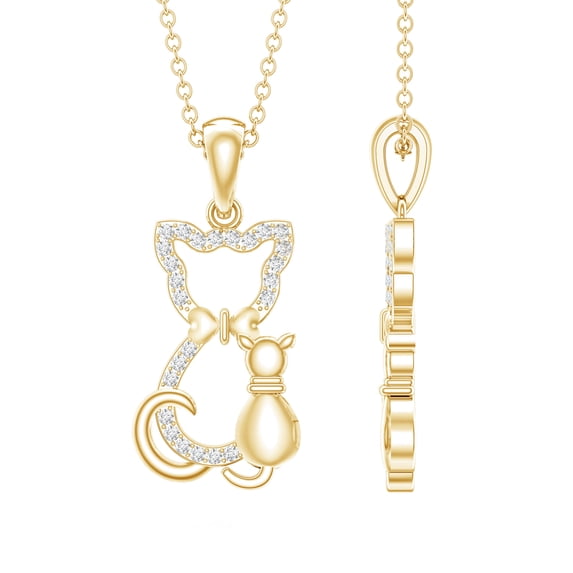 Rosec Jewels Cute Cat Pendant Necklace with Diamond for Women (HI-SI Quality) - with Chain - Ready to Gift, 14K Yellow Gold