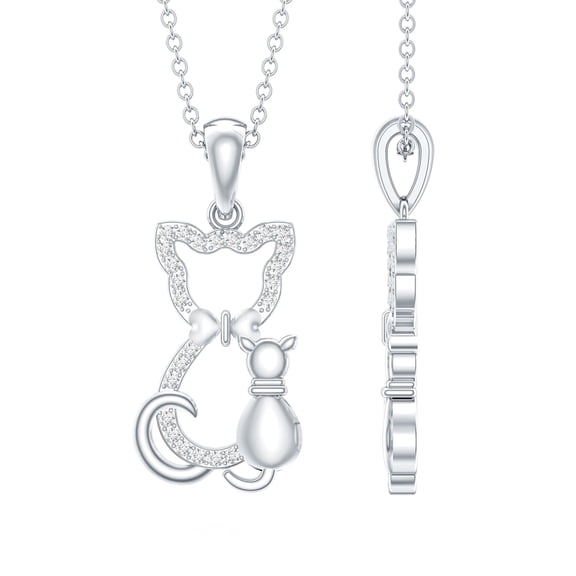 Rosec Jewels Cute Cat Pendant Necklace with Diamond for Women (HI-SI Quality) - with Chain - Ready to Gift, 925 Sterling Silver
