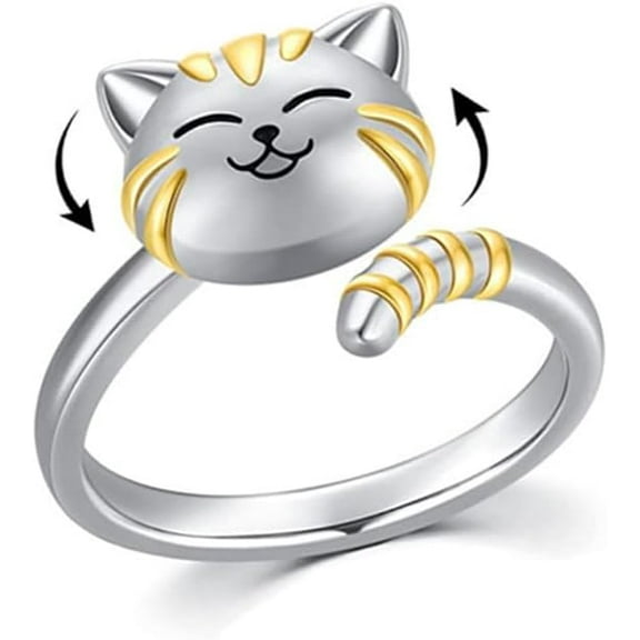 Cute Cat Pet Anxiety Relieve Spinner Rings Kitten Animal Fidget Open Adjustable Ring Sterling Silver Plated Worry Stress Relieving Boredom ADHD Autism Jewelry Stacking Finger Promise Engagement Gift