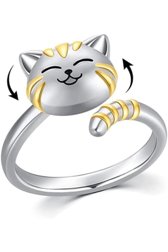 Cute Cat Pet Anxiety Relieve Spinner Rings Kitten Animal Fidget Open Adjustable Ring Sterling Silver Plated Worry Stress Relieving Boredom ADHD Autism Jewelry Stacking Finger Promise Engagement Gift