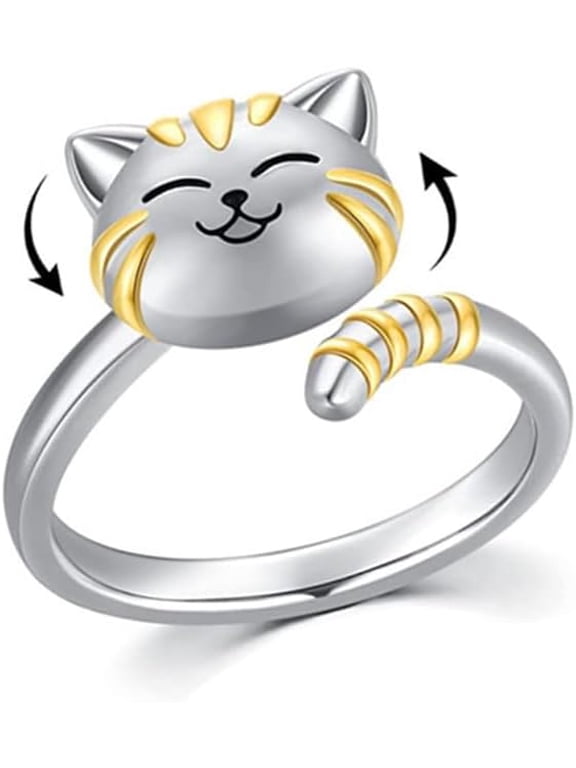Cute Cat Pet Anxiety Relieve Spinner Rings Kitten Animal Fidget Open Adjustable Ring Sterling Silver Plated Worry Stress Relieving Boredom ADHD Autism Jewelry Stacking Finger Promise Engagement Gift
