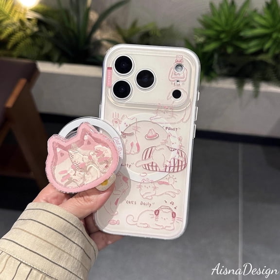 Cute Cat Phone Grip  Pink Cat Design with Sleeping Cat, Magnetic Grip for iPhone & Android, Ideal for Cat Lovers and Cute Phone Accessories
