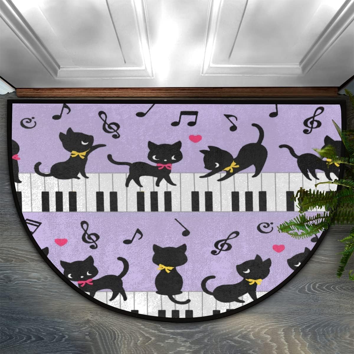 Cute Cat Piano Music Notes Half Round Door Mat Indoor Entrance Mat Absorbent Doormats Area Rugs