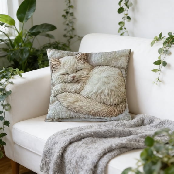 Cute Cat Pillow Cover 18x18 Inch, 3D Embroidery Look Throw Pillow Case, Soft Polyester Decorative Pillow Cover for Sofa Bedroom Living Room Home Decor