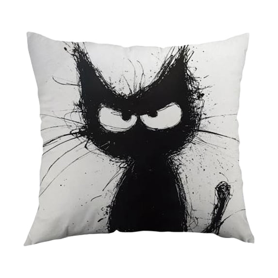 Cute Cat Pillow Covers, Black Cat Line Art Doodle Cartoon Throw Pillows Cover, Sofa Couch Pillow Cases for Farmhouse Indoor Home Decor (18x18in)
