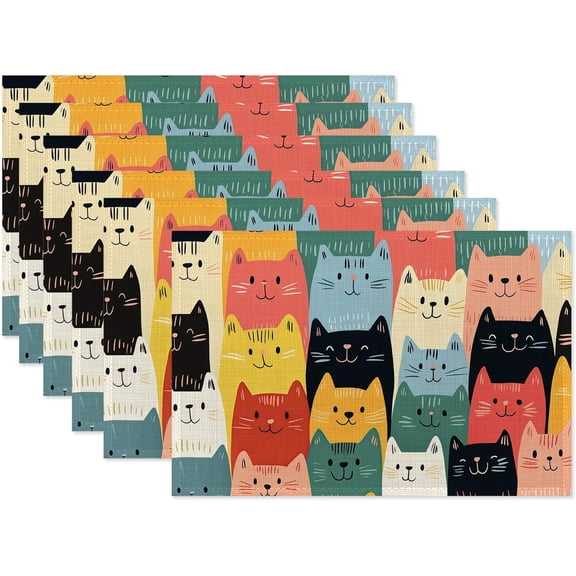 Cute Cat Placemat Set of 6,Heat Resistant Linen Table Mats for Indoor Outdoor Home Kitchen Dining Room Table 12x18Inch