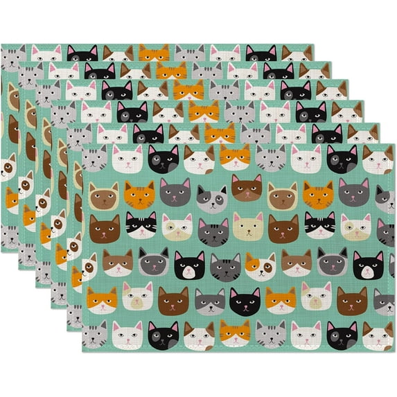 Cute Cat Placemats Set of 6, Waterproof Non-Slip Washable Table Mats Set for Kitchen Dining Holiday Party Wedding Decor 12x18 Inch