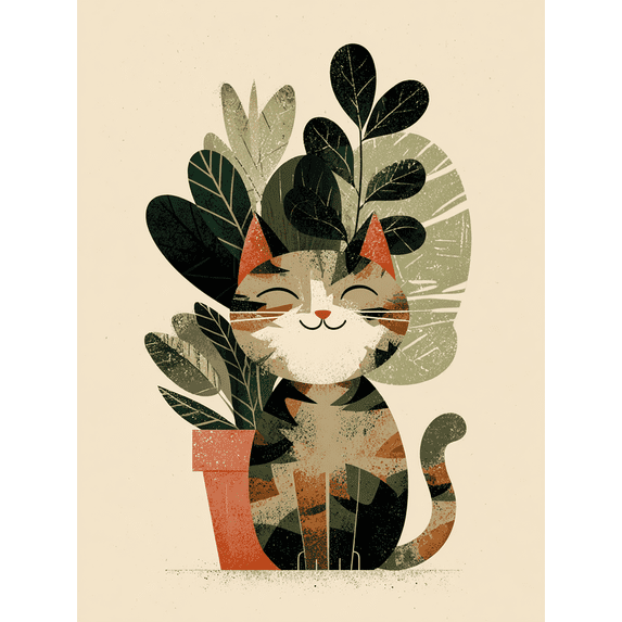 Cute Cat Plant Illustration Canvas Print, Suitable for Living Room, Bedroom, Office, Nursery, Hallway, Kitchen