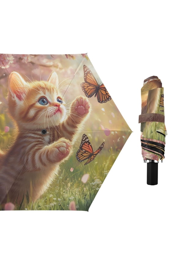 Cute Cat Playing with Butterflies All Weather Umbrella Triple Folding Parasol 6 Ribs UV Protection Portable