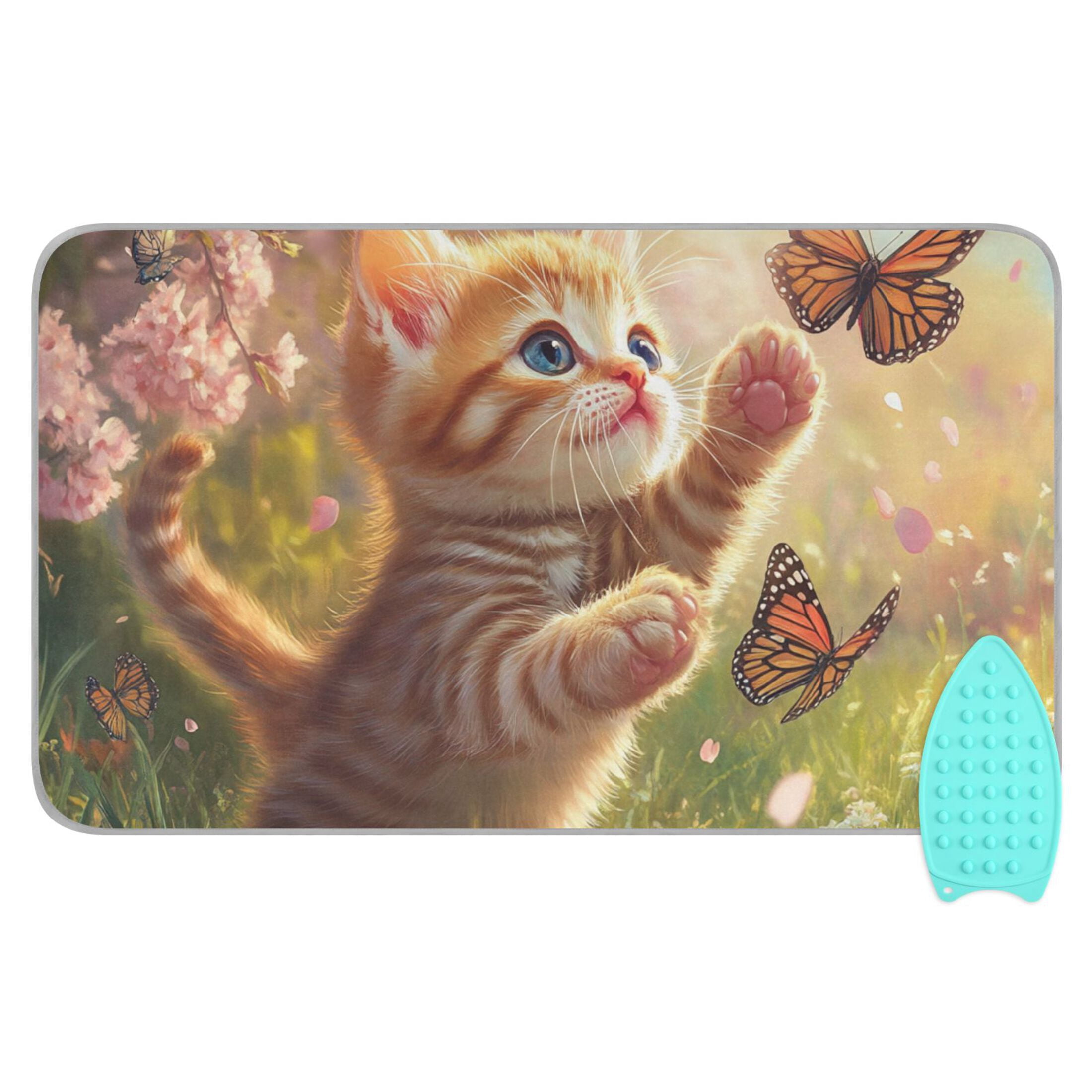 Cute Cat Playing with Butterflies Ironing Mat Blanket Portable Travel Ironing Pad Heat Resistant Pad 47.2" x 27.6”