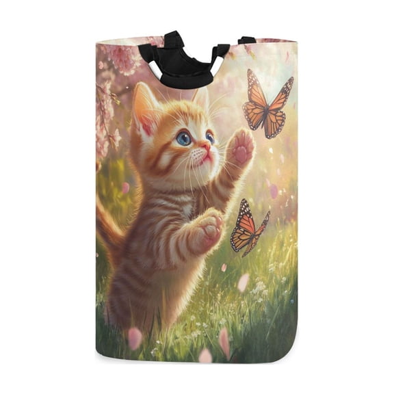 Cute Cat Playing with Butterflies Laundry Basket with Handles Foldable Laundry Hamper Freestanding Washing Bin 50L