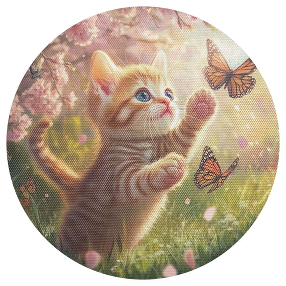 Cute Cat Playing with Butterflies PVC Round Grid Placemat Table Mat 1 Pc 15.4" x 15.4"
