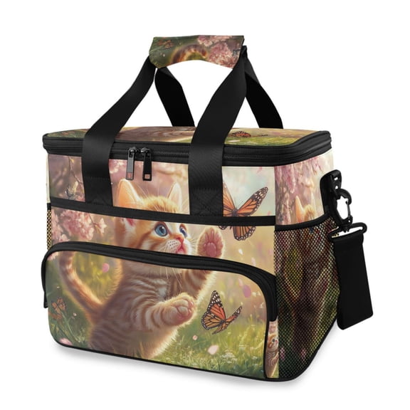 Cute Cat Playing with Butterflies Portable Cooler Lunch Box Reusable Insulated Lunch Bag Leakproof 15L