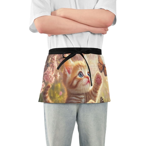 Cute Cat Playing with Butterflies Short Server Apron with 3 Pockets for Unisex Chef Gardening
