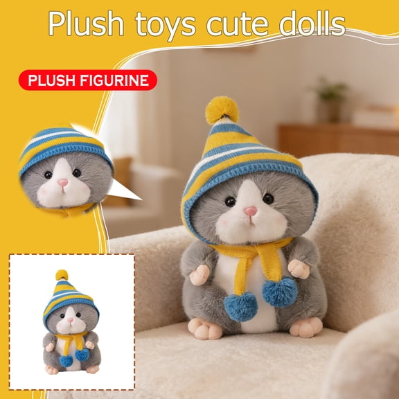 Cute Cat Plush Doll with Striped Beanie and Scarf, Soft Winter Themed Kitten Stuffed Toy for Desktop Decoration, Adorable Feline Companion for All Ages