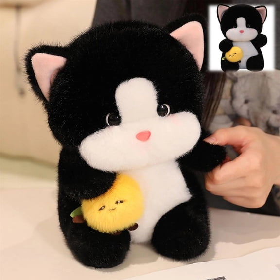 Cute Cat Plush Toy with Persimmon, Soft Stuffed Cat Cuddle Buddy, Kawaii Kitten Plushie for Kids Girls Birthday Gifts,B(9.06*5.91in)