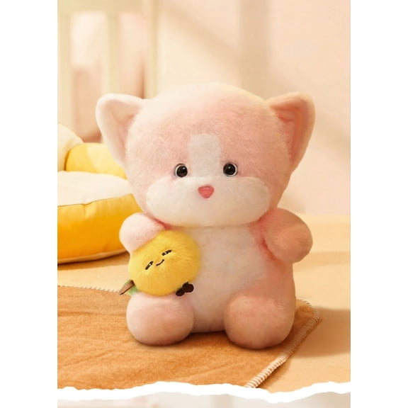 Cute Cat Plush Toy with Persimmon, Soft Stuffed Cat Cuddle Buddy, Kawaii Kitten Plushie for Kids Girls Birthday Gifts (Pink,23cm)